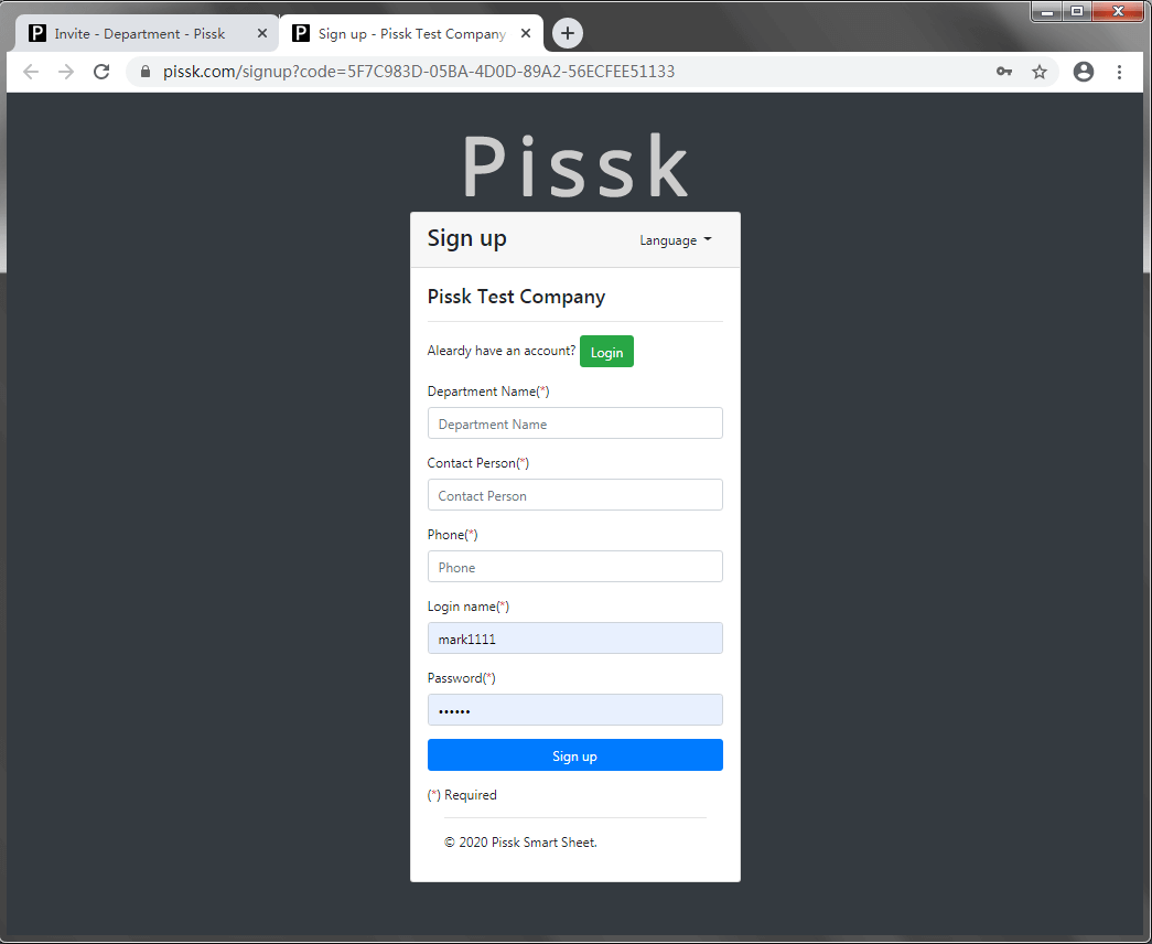 Pissk Department Registration